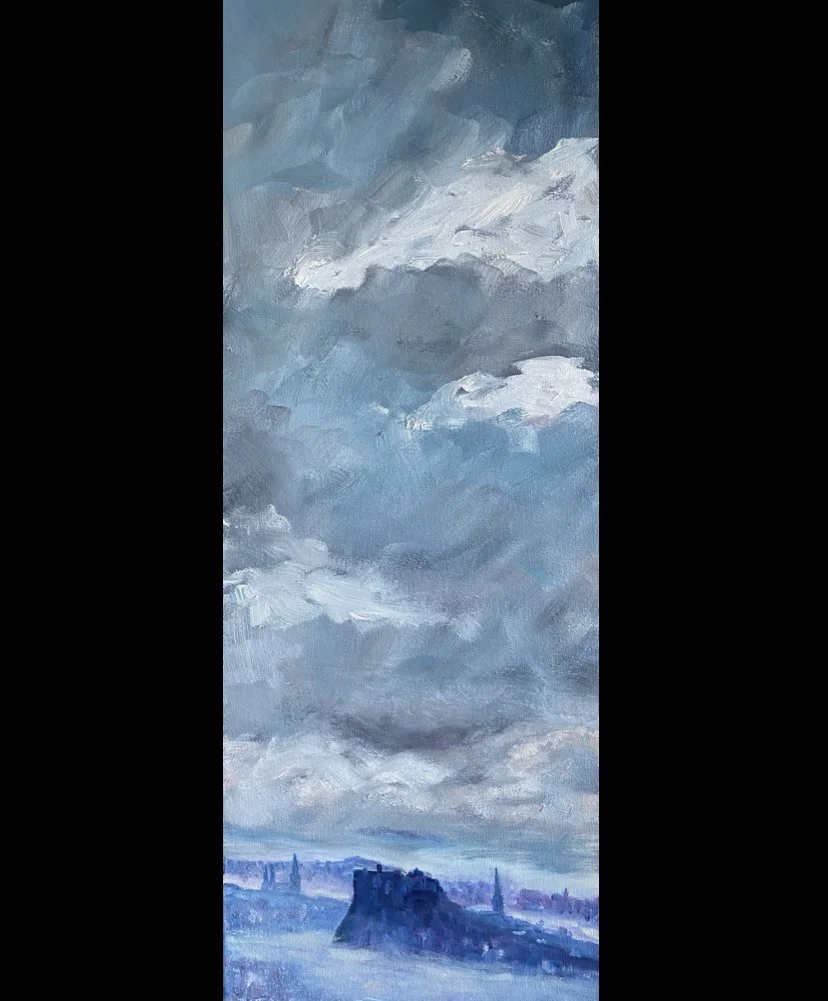 Stormy sky over Edinburgh | Oil on canvas | 30x80cm | For sale £500