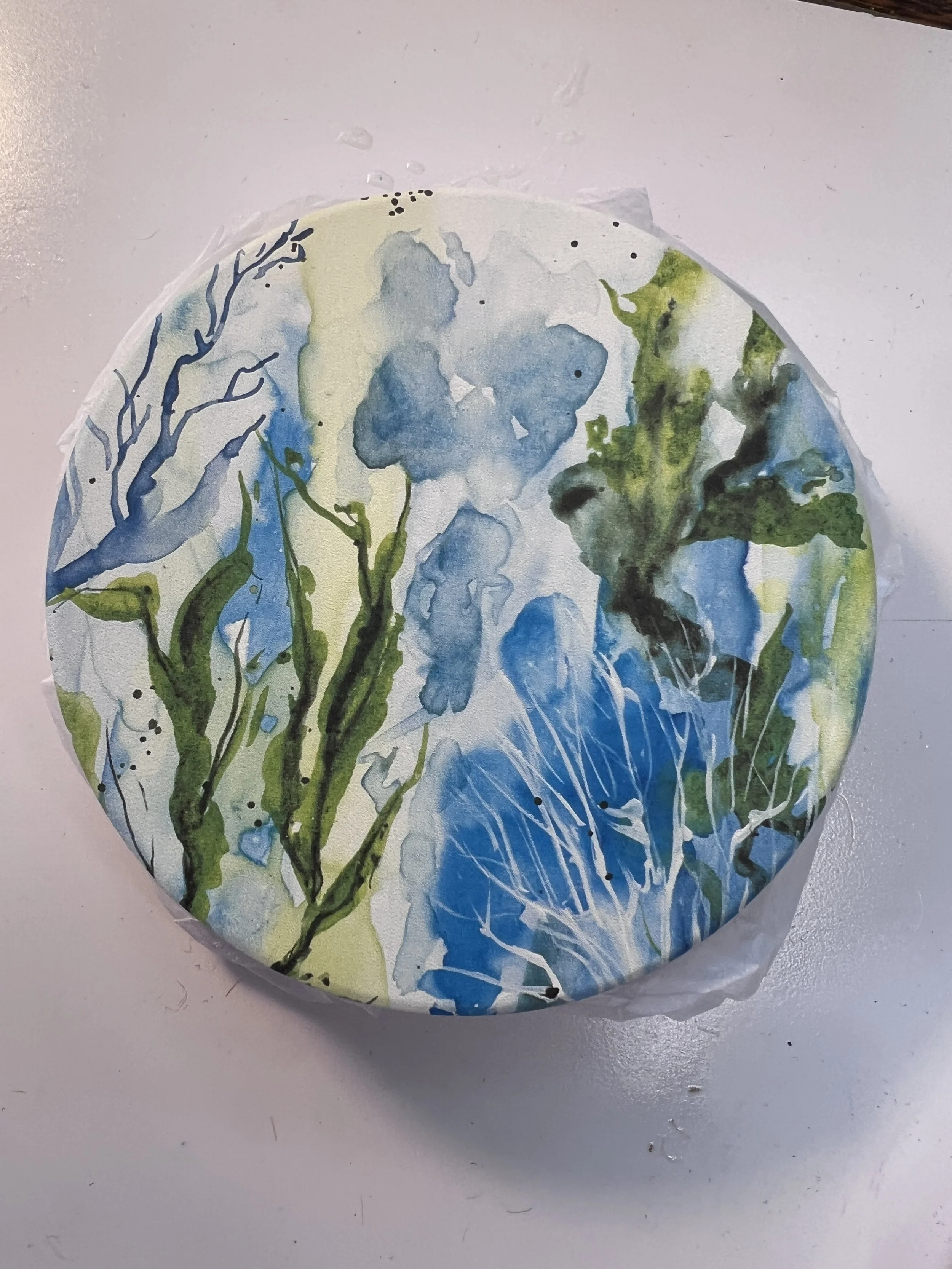 4.25" Round Absorbent Ceramic Stone Coaster with cork back. Sold as a set of 4. Perfect hostess gift, teacher gift.