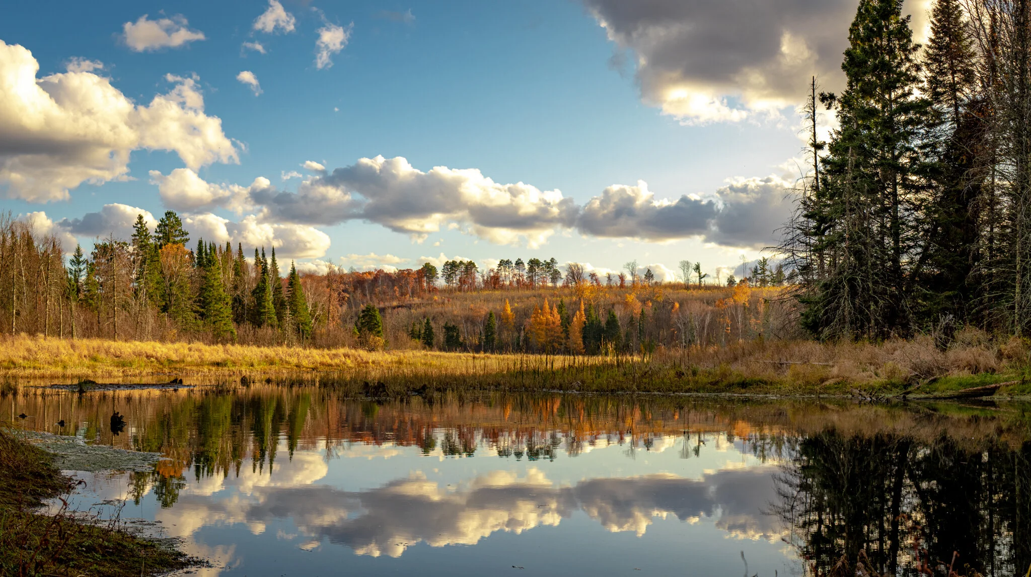 A peaceful landscape featuring a calm river reflecting a partly cloudy sky, with a forest of autumn-colored trees and some bare trees on a hillside.
