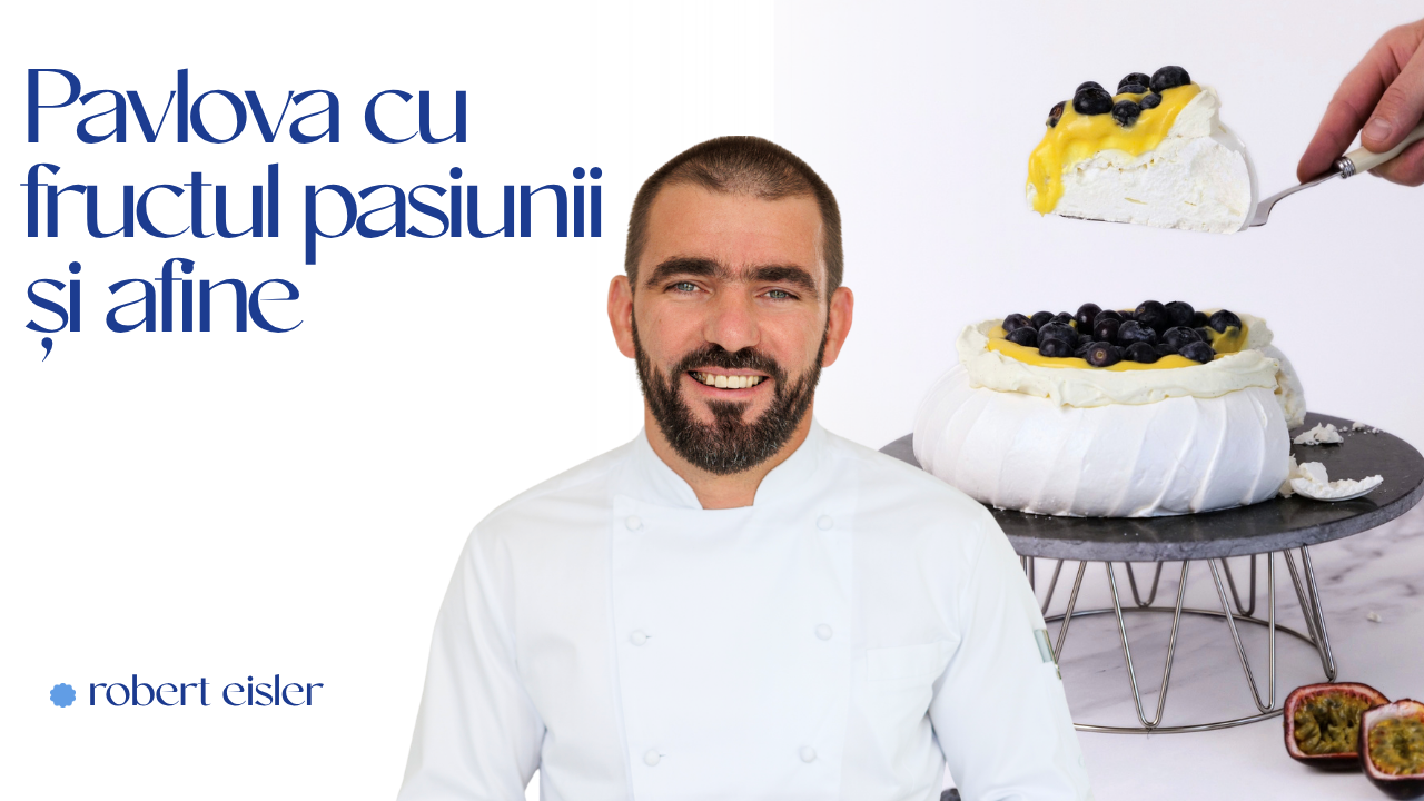 Pavlova cu fructul pasiunii si afine