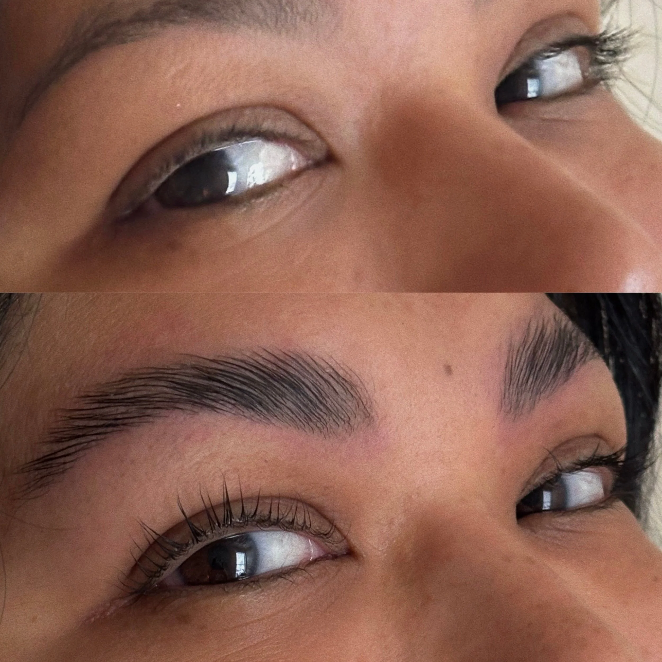 Close-up of a person's eye and eyebrow before and after eyebrow grooming or makeup application.