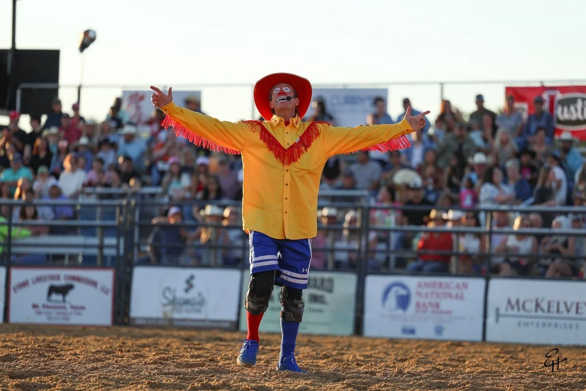 John Harrison, rodeo clown and barrelman, at the Mount Pleasant PRCA Rodeo