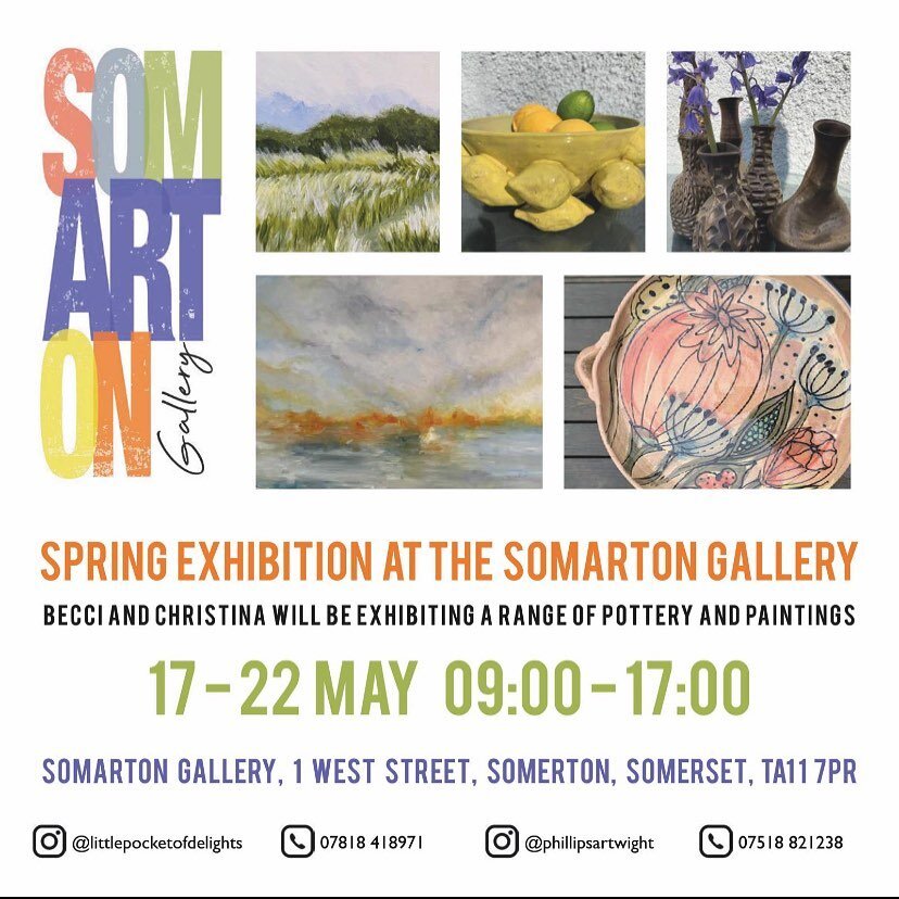 Next week beginning Monday 17th May,2021 I will be exhibiting in Somerton in Somerset at the Somarton Gallery. Please tell anyone you know who may like to pop along to see my work and Becci&rsquo;s pottery. Thanks lovelies, C x😀🖼❤️