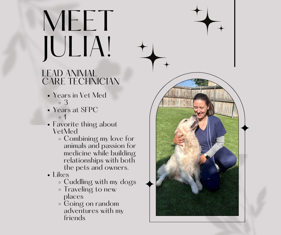 🎉🐾 Introducing our Animal Care Technicians! The team caring for your pets while you are away. 🎉🐾

Join us in honoring Julia, our phenomenal Animal Care Lead, as we celebrate Animal Care Technicians! 🌟 With her unstoppable energy and unwavering d