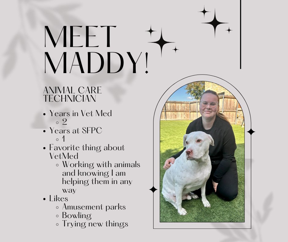 🎉🐾 Introducing our Animal Care Technicians! The team caring for your pets while you are away. 🎉🐾

🎉🌟 Celebrating Maddy 🎉🌟

Maddy has been a true asset behind the scenes, and now, she's ready to shine upfront, greeting you with her infectious 
