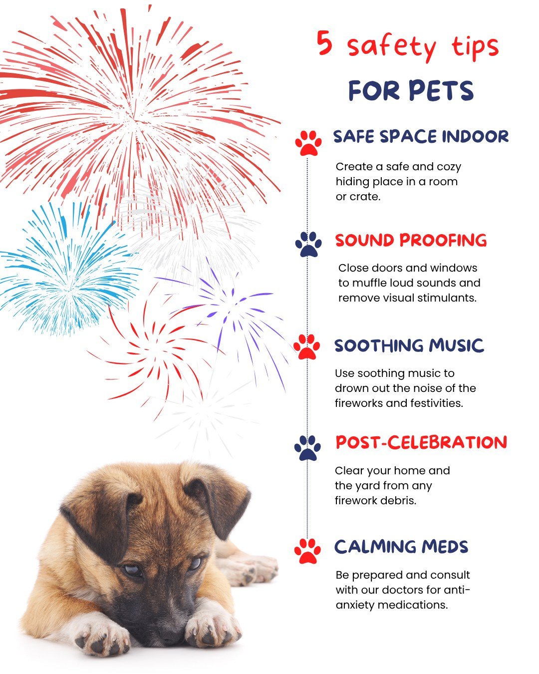 �🎆 Firework Safety Tips for Your Pets 🐾
 Keep your pets safe and stress-free this fireworks season:

1️⃣ Create a safe indoor space
 2️⃣ Soundproof your home
 3️⃣ Play soothing music
 4️⃣ Clean up firework debris afterward
 5️⃣ Ask about calming me