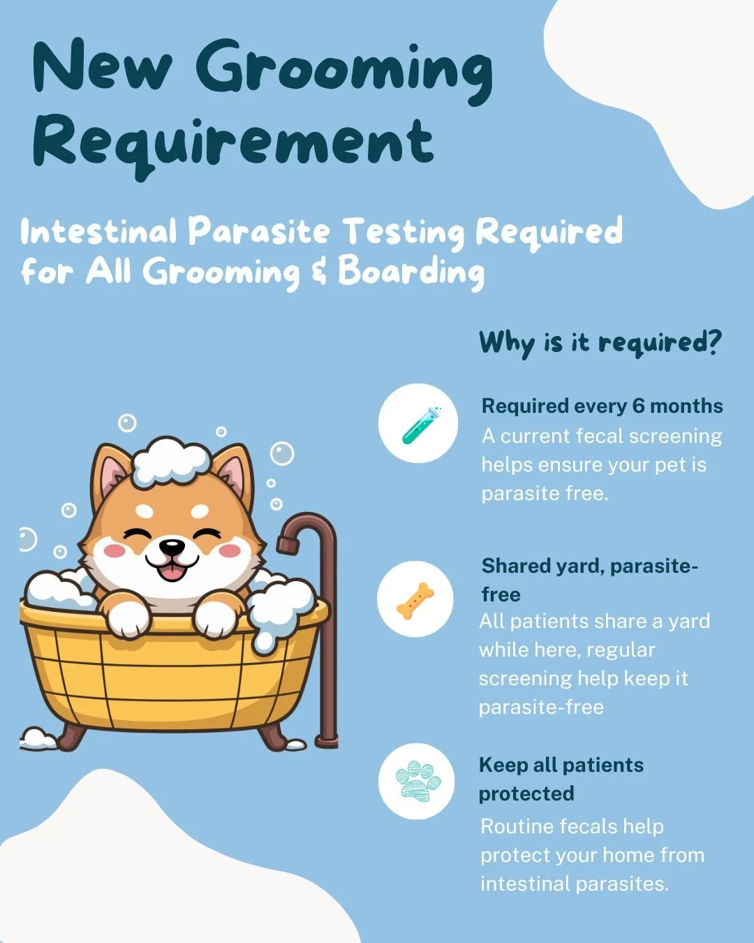 🐾 New Grooming Requirement Alert! 🐾
 To keep every pet happy, healthy, and parasite-free, we now require a fecal test every 6 months before grooming. ✅

It&rsquo;s a quick step that helps protect your furry friend &mdash; and every pet in our care!