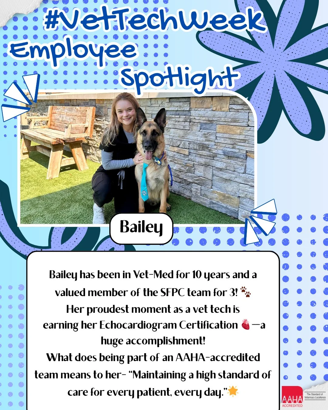 🩺💙Happy Vet Tech Week!💙🩺

Meet one of our amazing technicians- Bailey!  Who has been in Vet-Med for 10 years and a valued part of Stonebrook for 3! We're so lucky to have her on our team. Her hard work, compassion, and dedication shines through e