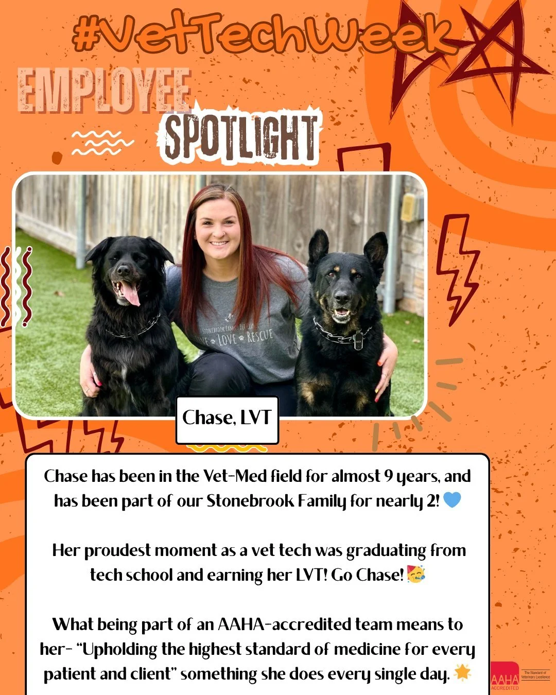 🩺🧡Happy Vet Tech Week! 🧡🩺

Meet one of our amazing technicians &mdash; Chase, LVT! 🎉 She&rsquo;s been in the veterinary field for almost 9 years and has been a valued member of Stonebrook Family Pet Clinic for nearly 2!

Chase&rsquo;s dedication