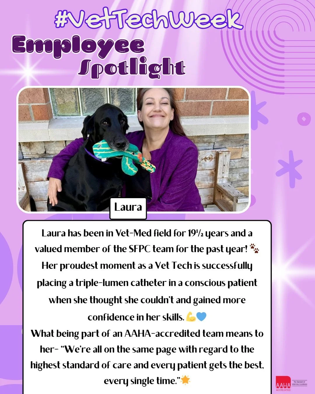 🩺💜Happy Vet Tech Week! 💜🩺

Meet Laura! She&rsquo;s been in Vet-Med for 19&frac12; years and part of our Stonebrook Family Pet Clinic team for 1 year! 🐶

Laura&rsquo;s compassion and Fear Free certification make her such an important part of our 
