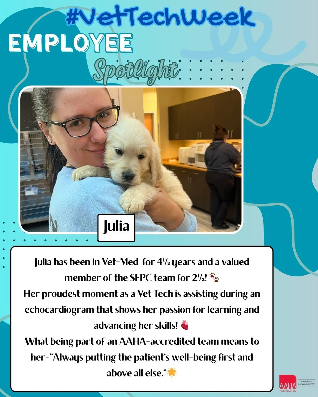 🩺🩵 Happy Vet Tech Week! 🩵🩺

Meet Julia! She&rsquo;s been in the Vet-Med for 4&frac12; years and part of our Stonebrook Family Pet Clinic team for 2&frac12;! 🐾

Not only is Julia a tech &mdash; she&rsquo;s also our Boarding Kennel Lead! Her care 