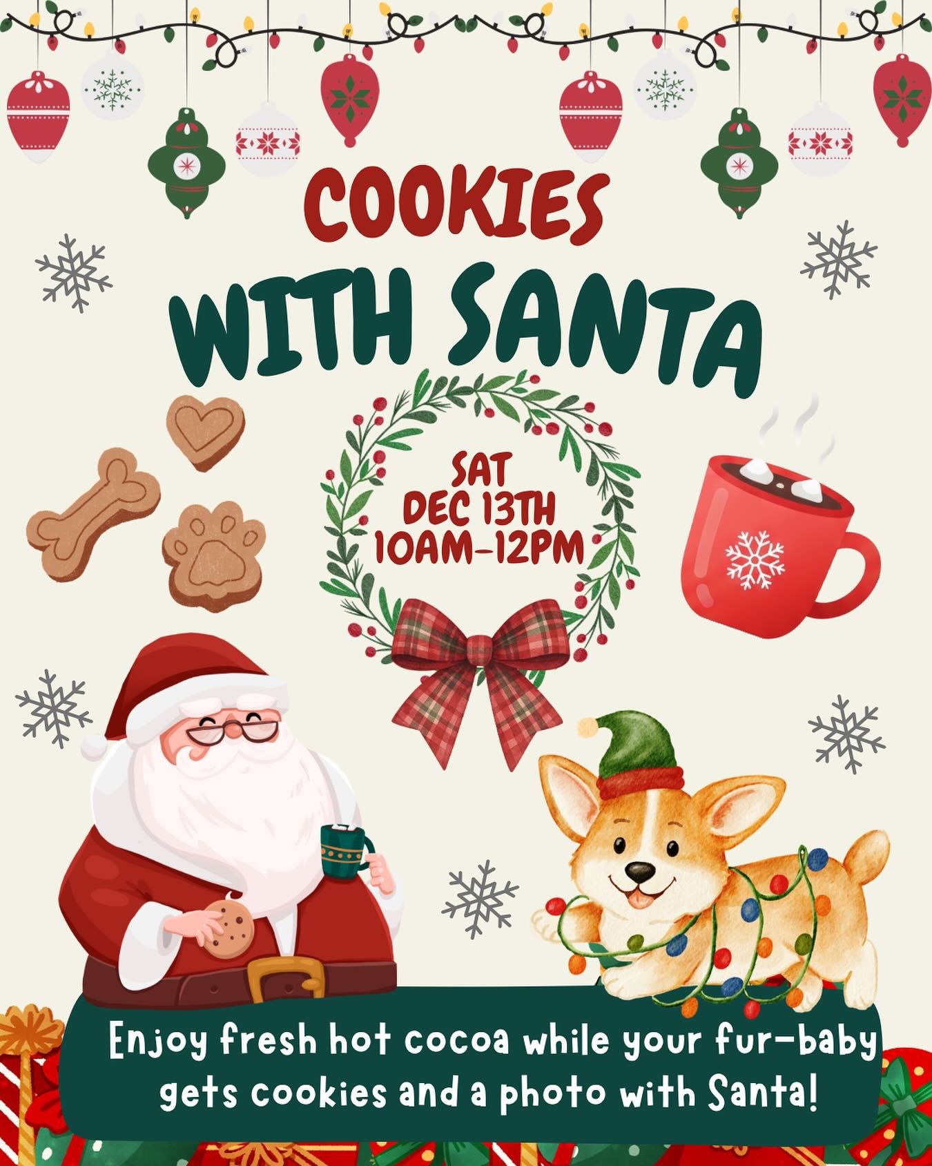 Santa&rsquo;s making a special stop! 🎅🏼🐶

Join us for Cookies with Santa on Saturday, Dec 13 from 10am&ndash;12pm for yummy dog cookies, cozy hot cocoa for you, and a sweet photo with Santa! 

It&rsquo;s the paw-fect way to kick off the holidays.
