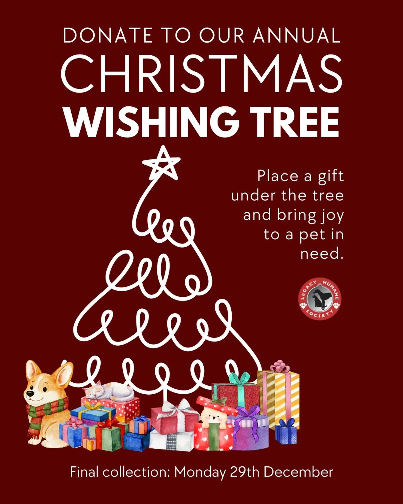 Our Wishing Tree is up! 🎄✨ Help us spread some holiday love by donating gifts for the pets supported by @legacyhumane. Every present brings comfort, joy, and hope to an animal in need. 💙🐾 Closes December 29th!