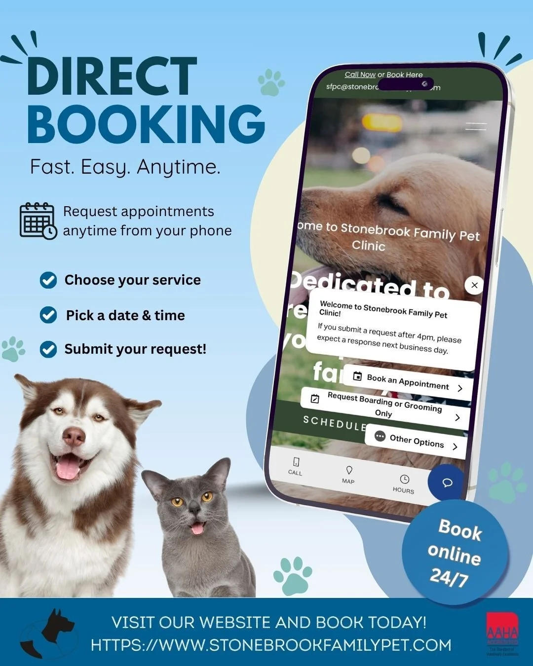 📲 Direct Booking is now available! 🐾

Booking your pet&rsquo;s appointment is easier than ever in just a few simple steps:

1️⃣ Visit our website
2️⃣ Choose your appointment type
3️⃣ Pick your preferred date, time &mdash; and even your preferred do