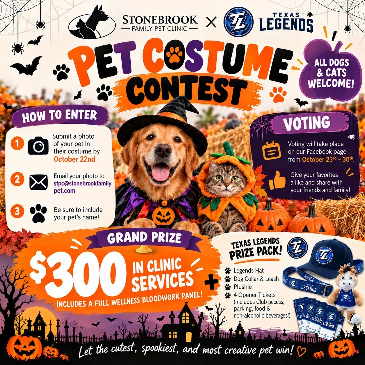🎃 IT'S TIME FOR A HOWL-O-WEEN COSTUME CONTEST! 👻

We've teamed up with @texaslegends to bring you our BIGGEST pet costume contest yet, and trust us... the prizes are worth dressing up for! 🏀🐶🐱

Whether your pet is spooky, silly, adorable, or dow