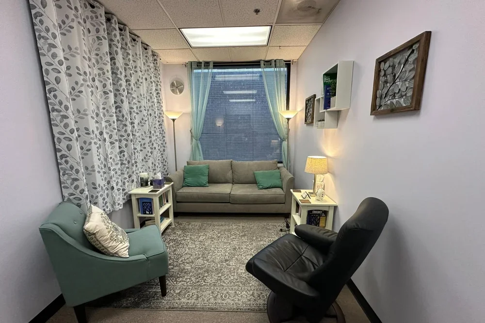 Small living room with a beige sofa against the window, black and mint green chairs, two white side tables with lamps, a window with light green curtains, patterned gray and white curtains on the left, and wall art.