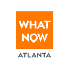 Orange square with white text 'WHAT NOW' and smaller gray text 'ATLANTA' below.