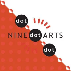 Logo for Nine Dot Arts with black dots and red graphic elements on a dotted red background.