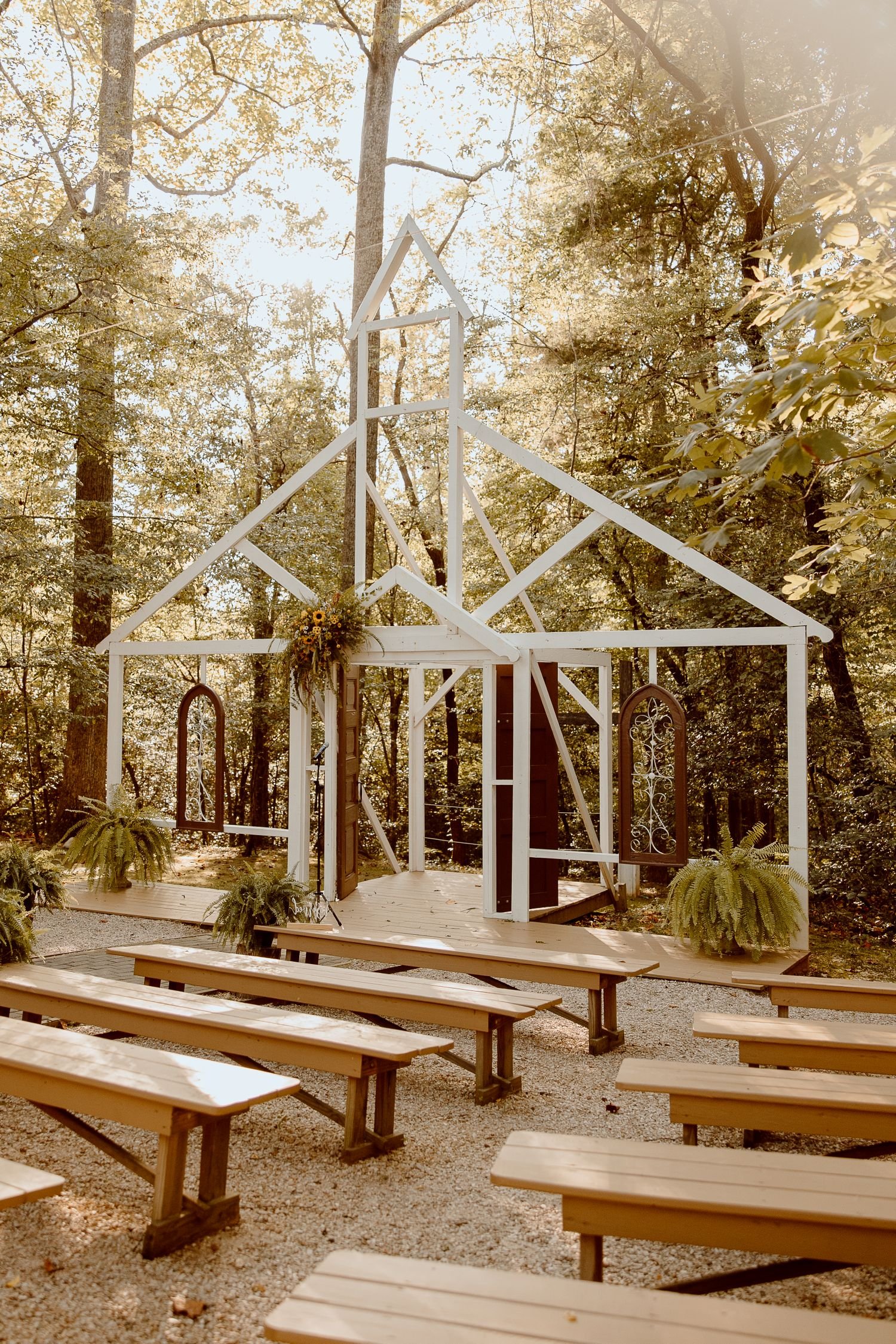 Chapel facade at Historic Jasmine's forest wedding venue in VA