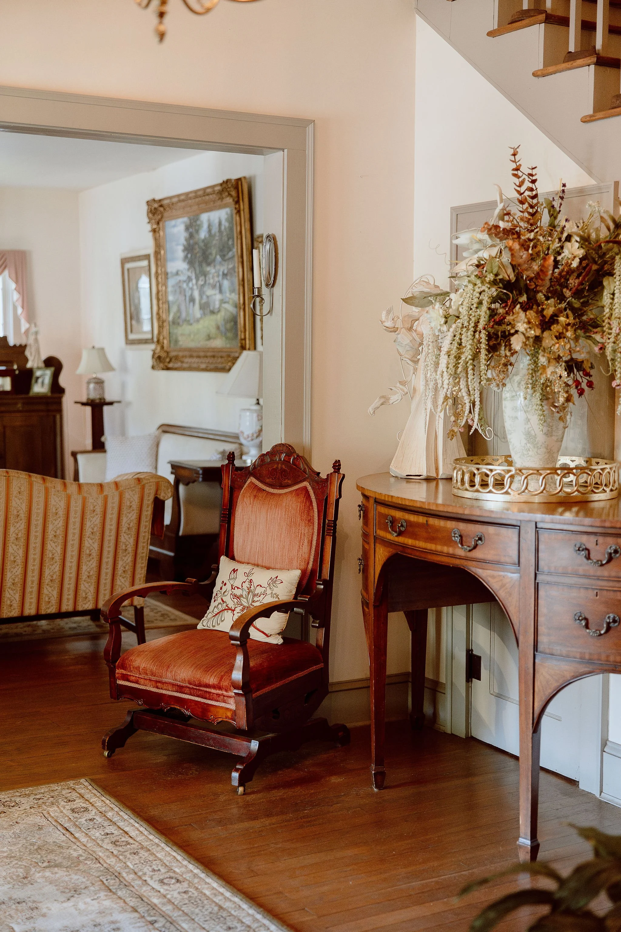 View of front foyer entryway in the Manor House located at Historic Jasmine, a private wedding venue in New Kent County, Virginia.