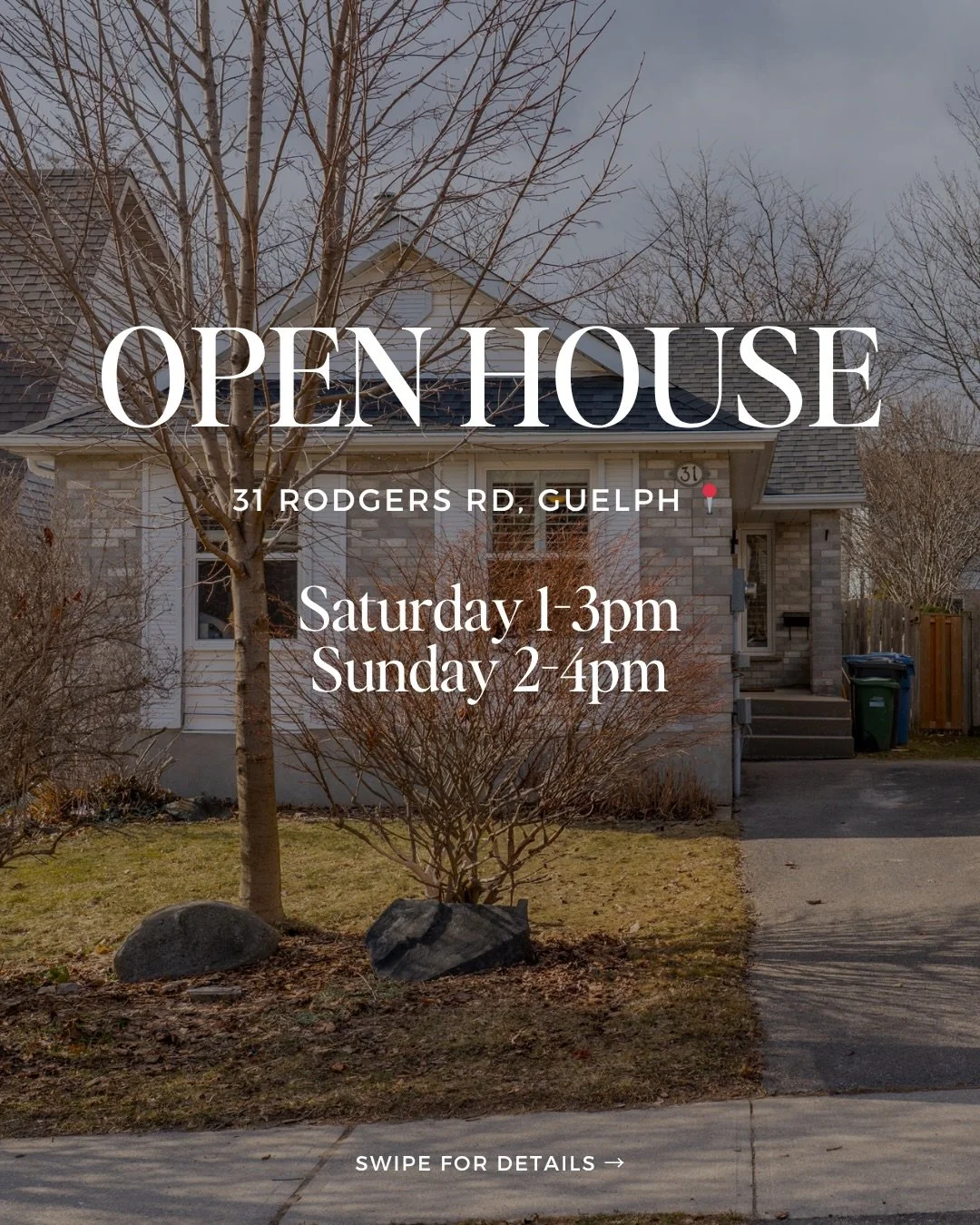 ✨You&rsquo;re Invited ✨

OPEN HOUSE 

Saturday March 28th 1-3pm
Sunday March 29th 2-4pm 

📍31 Rodgers Rd, Guelph 

▫️ 1000sq ft 
▫️2🛌
▫️2🛁
◽️ Fully finished basement
▫️ Fantastic backyard

Steps from shops, trails and a direct bus ride to the U of