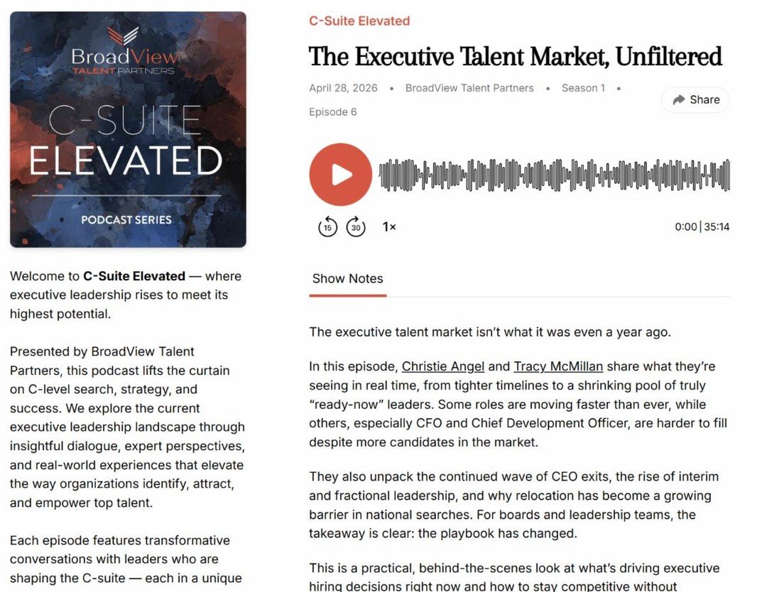 Did you hear? 🎧 In this episode of C-Suite Elevated, Christie Angel + Tracy McMillan share what they&rsquo;re seeing in real time &mdash;from tighter hiring timelines to a shrinking pool of truly &ldquo;ready-now&rdquo; leaders. If you&rsquo;re navi