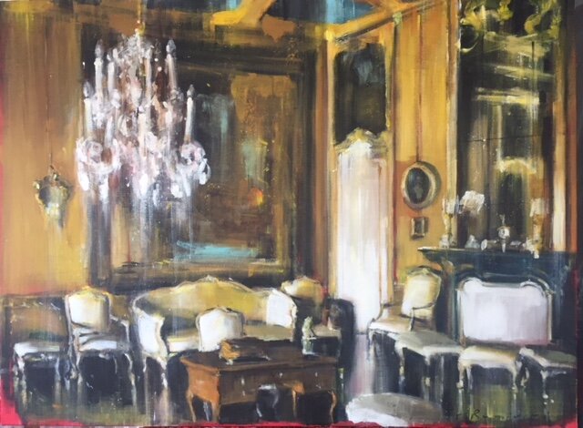 Yellow Room with Antique Tapestry 30"x40" acrylic on canvas 2018