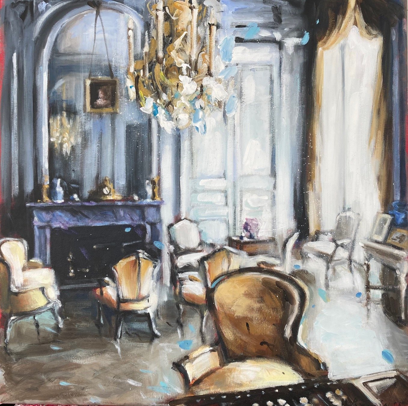 Sitting Room with Game Table, 24"x24" acrylic on canvas 2022 SOLD