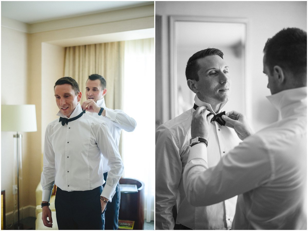 Same sex couple getting ready together for their downtown Toronto Malaparte wedding