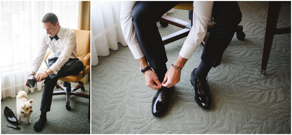 Man tying his shoes before his wedding