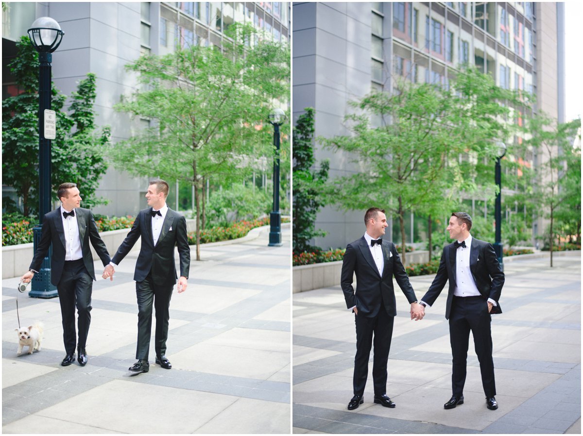 Two grooms in stylish suits with bow ties in downtown Toronto