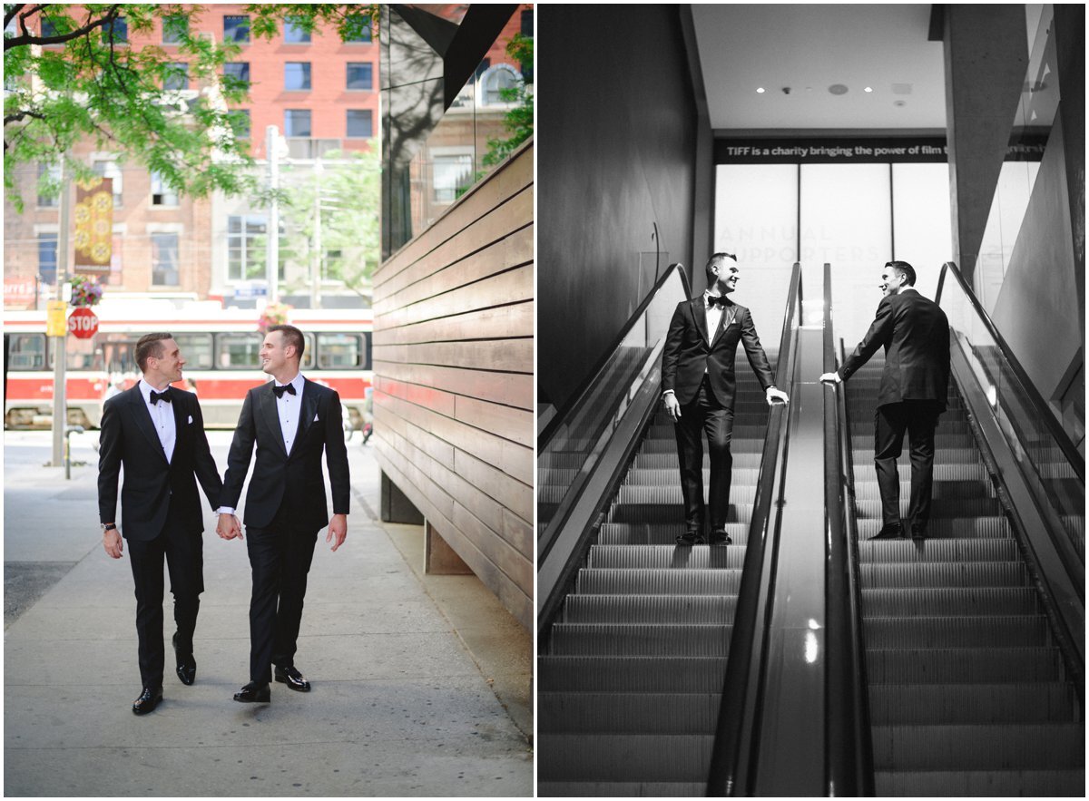 Two grooms in stylish suits with bow ties in downtown Toronto