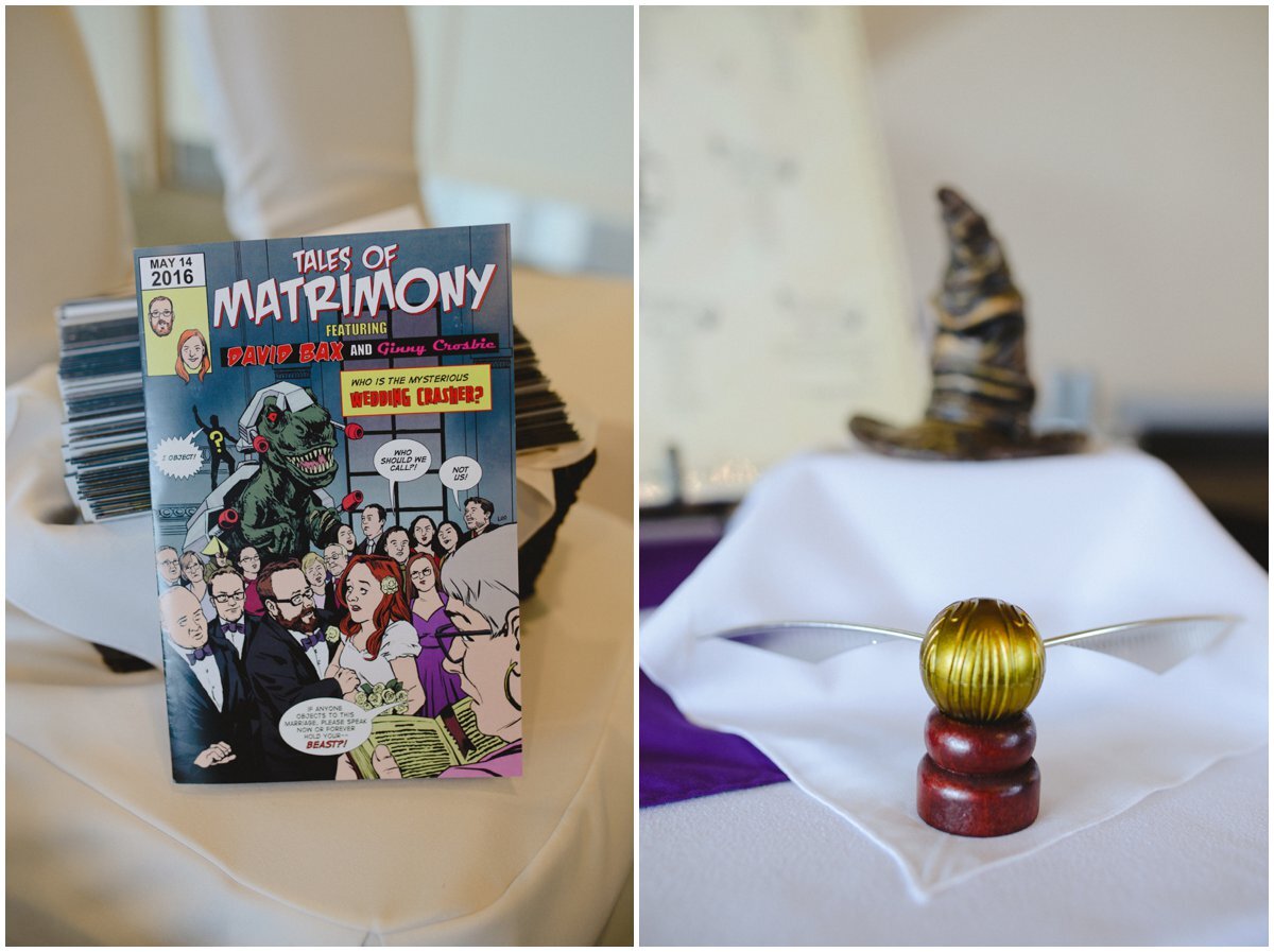 Custom designed comic book wedding program and Harry Potter details at geeky wedding