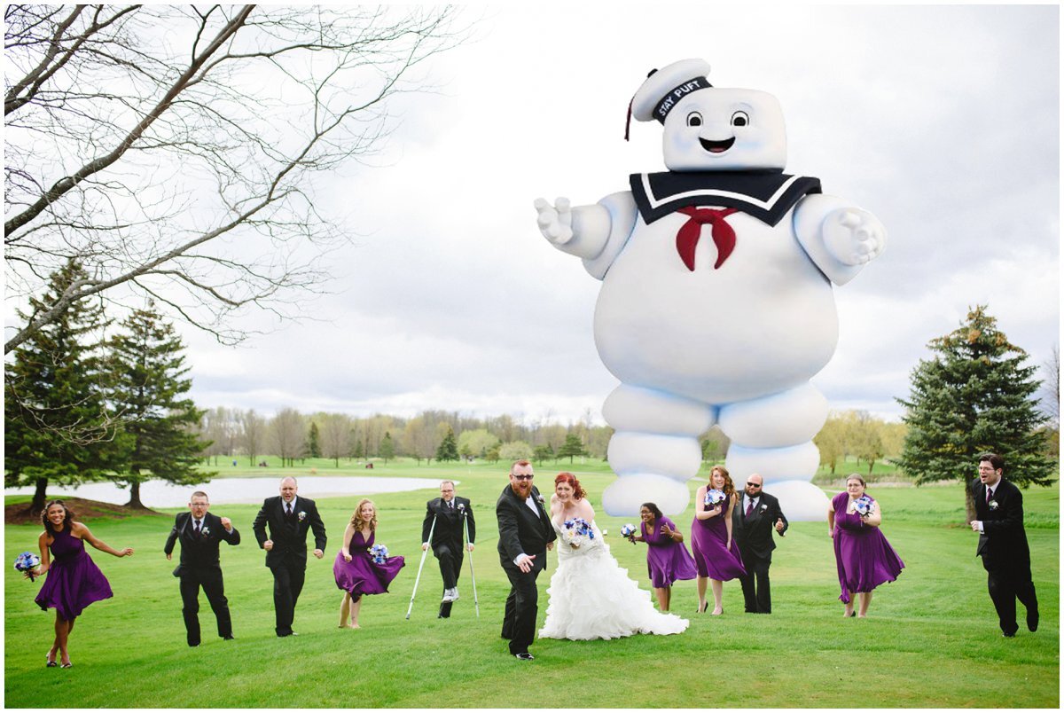 Ghostbusters themed wedding bridal party being chased by the Stay Puft Marshmallow Man
