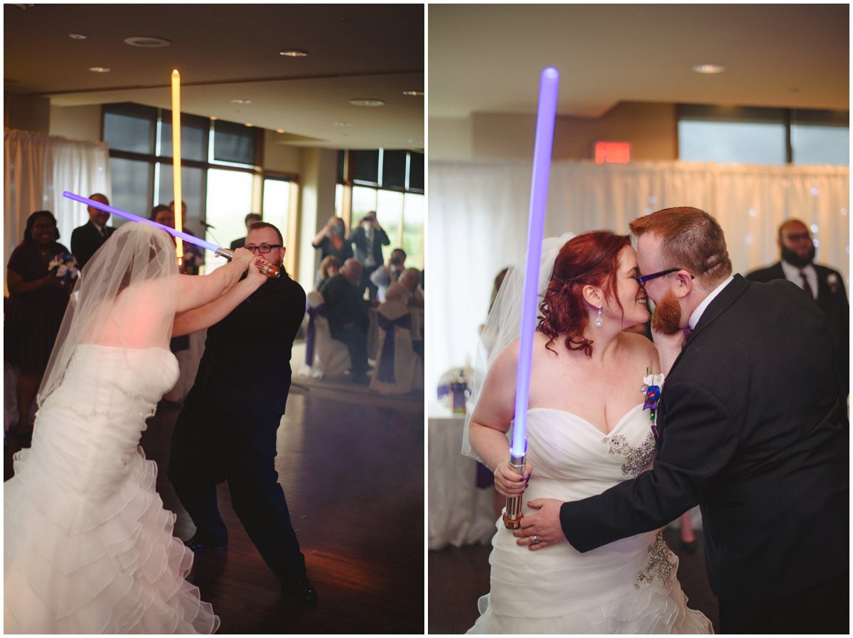 Couple fighting with lightsabers at Cardinal Golf Club geeky wedding