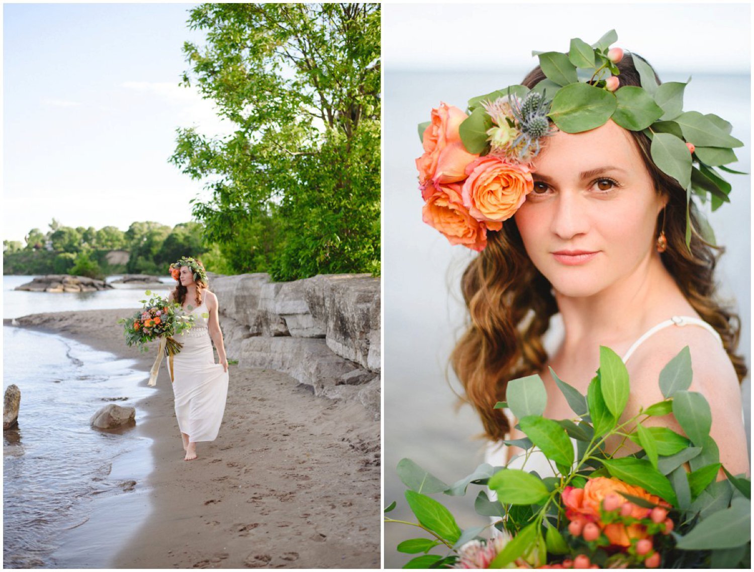 Bride with orange flower crown on the beach Toronto and Oshawa wedding photographer