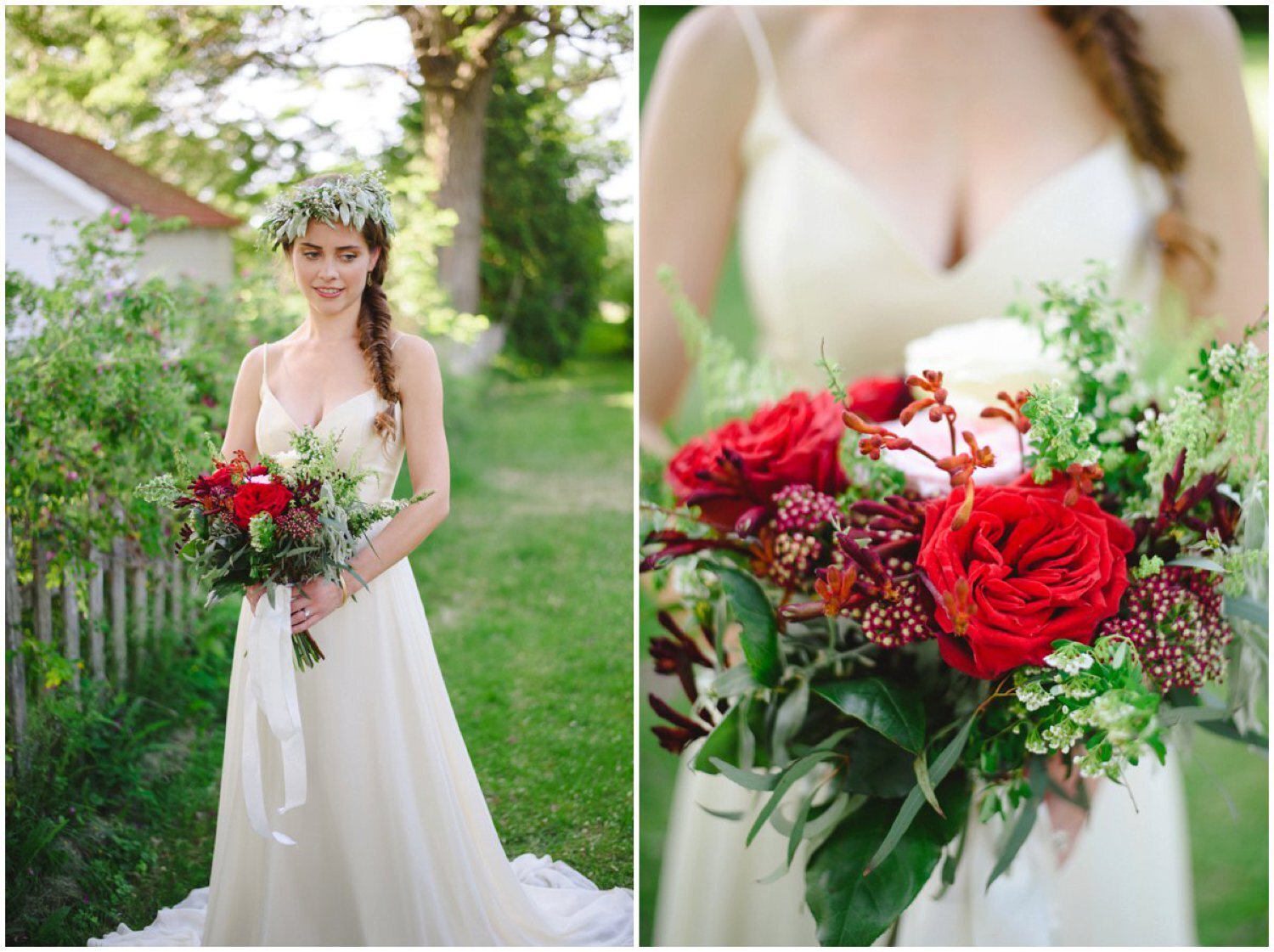 Red bouquet and light gold wedding dress Toronto wedding photographer