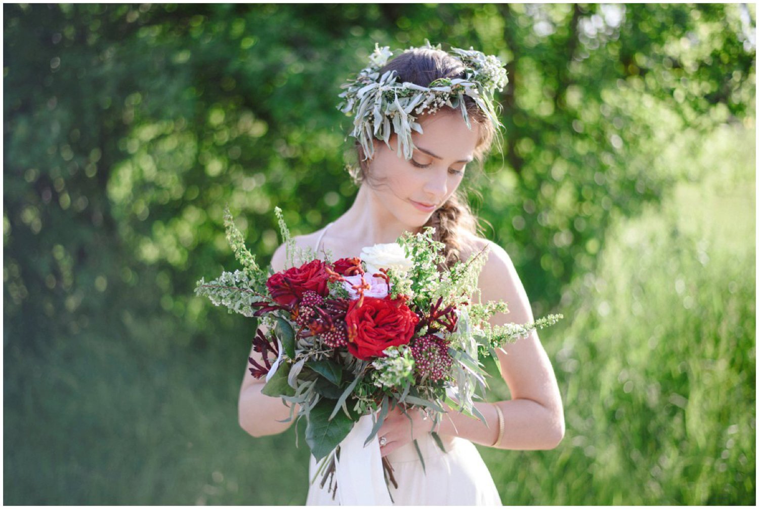 Organic flower crown and red toned bouquet Toronto wedding photographer