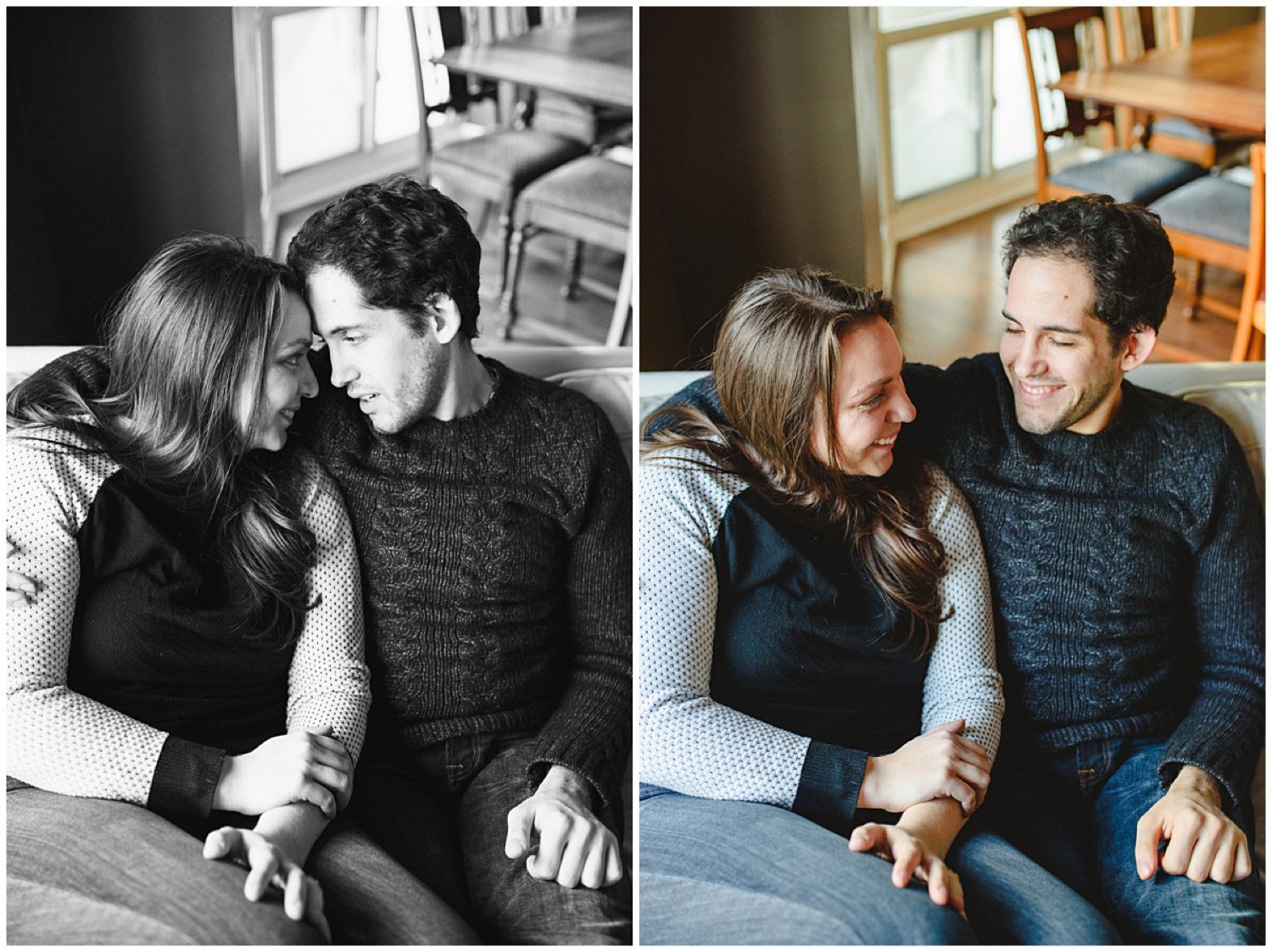 couple snuggling Toronto at home engagement session