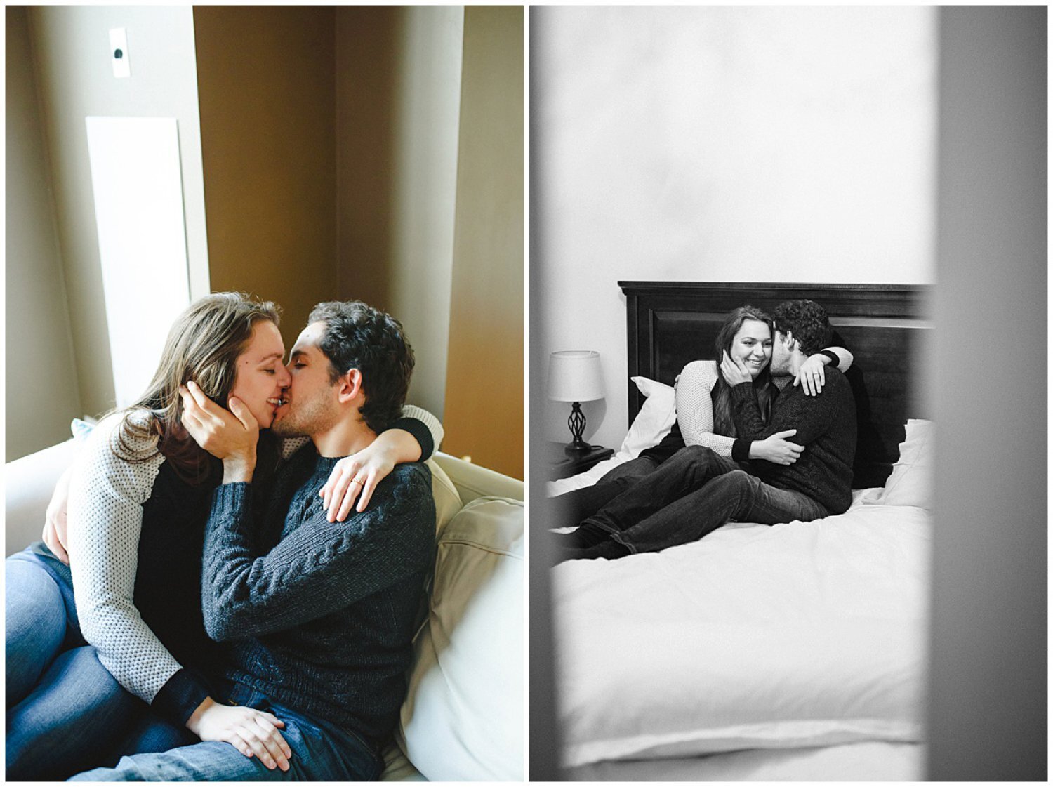 couple snugging and kissing Toronto at home engagement session