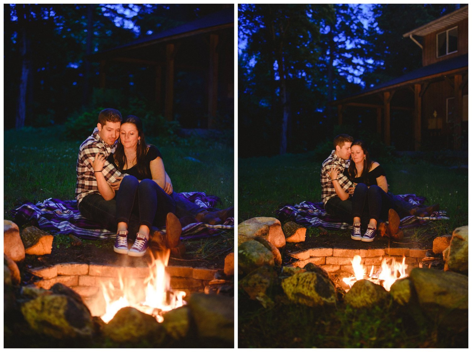 couple snuggling by a bonfire Muskoka engagement