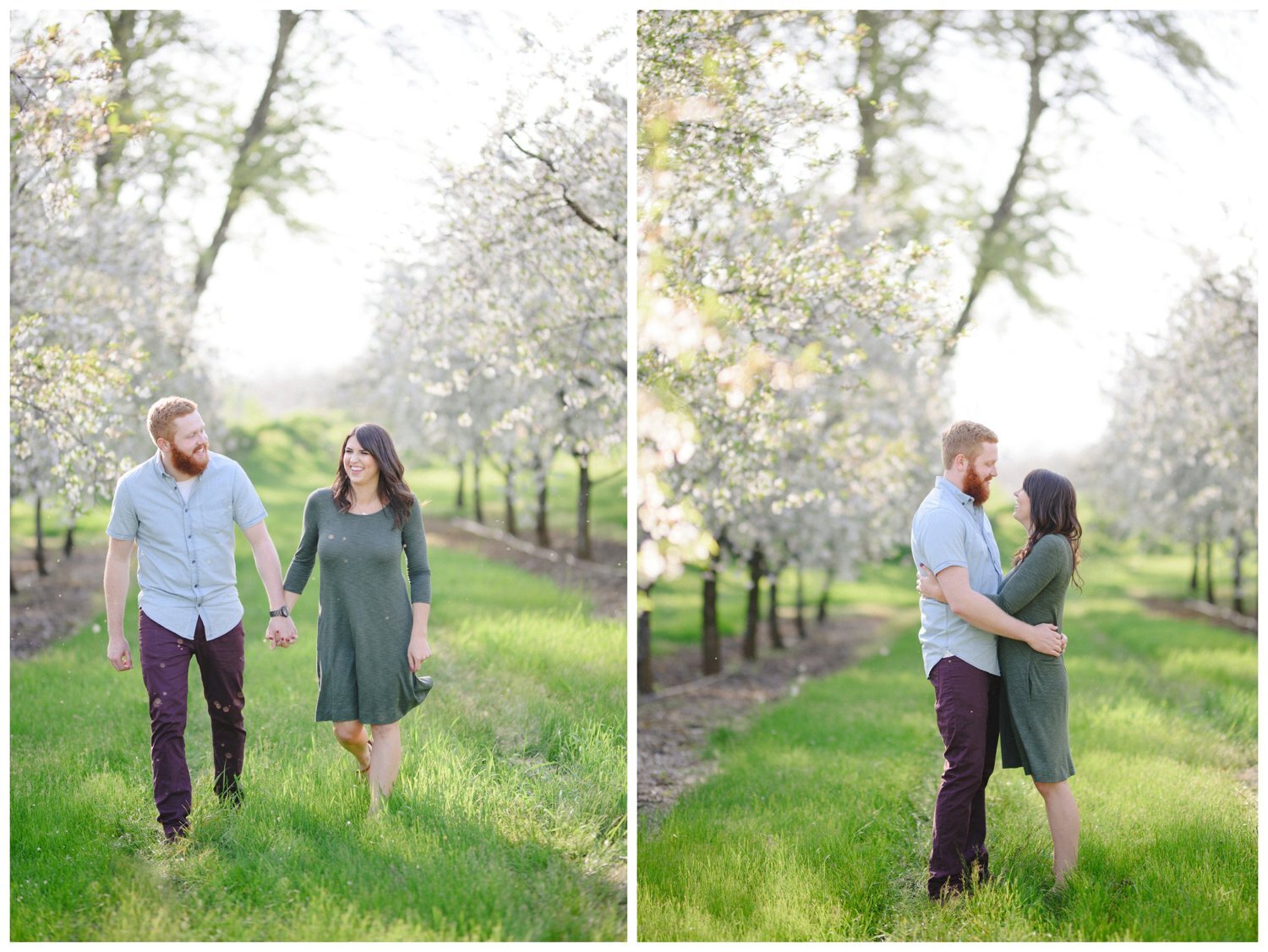 Couple walking hand in hand during Port Rowan cherry blossom engagement session 