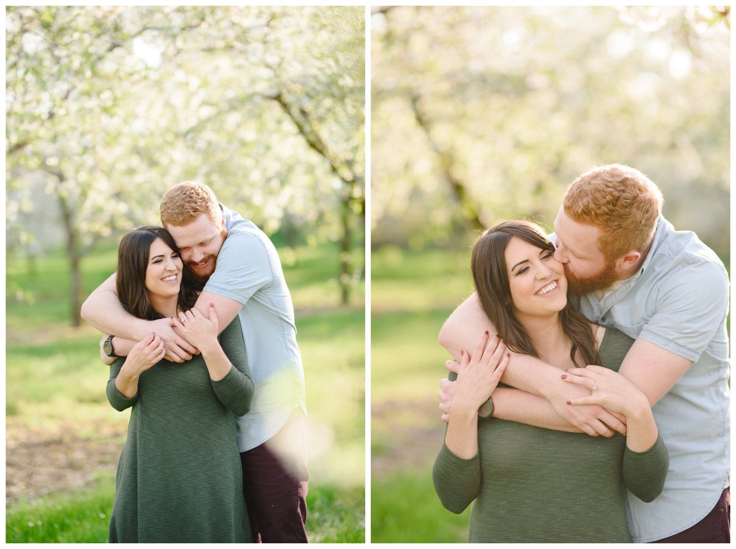 Couple cuddling during Port Rowan cherry blossom engagement session Couple walking hand in hand during Port Rowan cherry blossom engagement session 