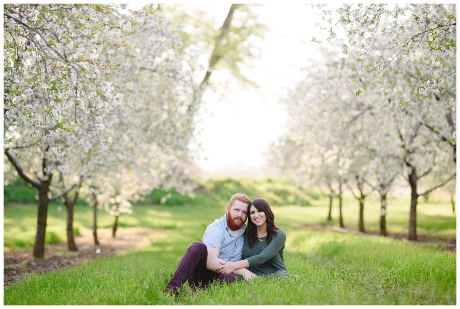 Couple cuddling during Port Rowan cherry blossom engagement session Couple walking hand in hand during Port Rowan cherry blossom engagement session 