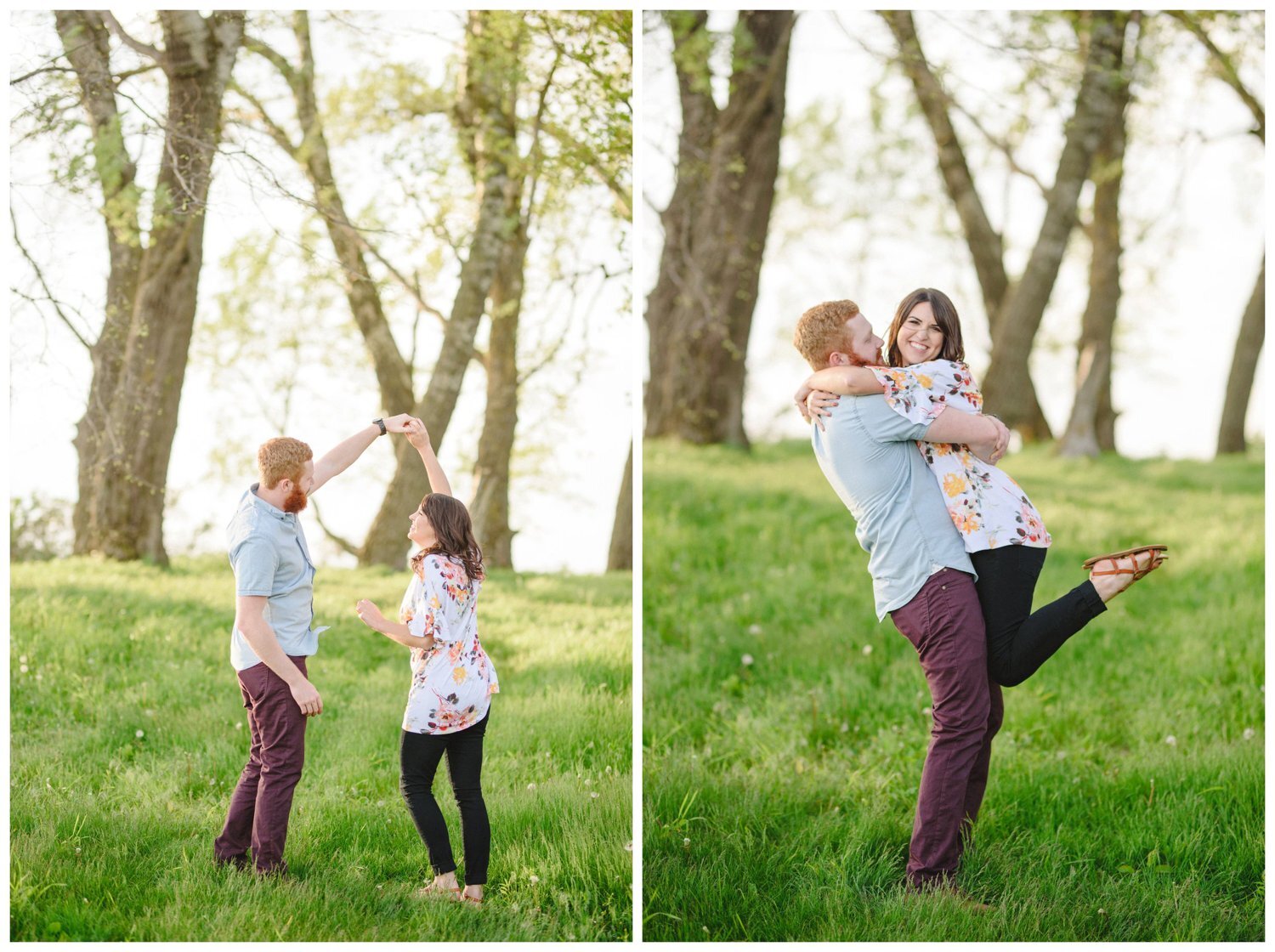 Couple cuddling during Port Rowan cherry blossom engagement session Couple walking hand in hand during Port Rowan cherry blossom engagement session