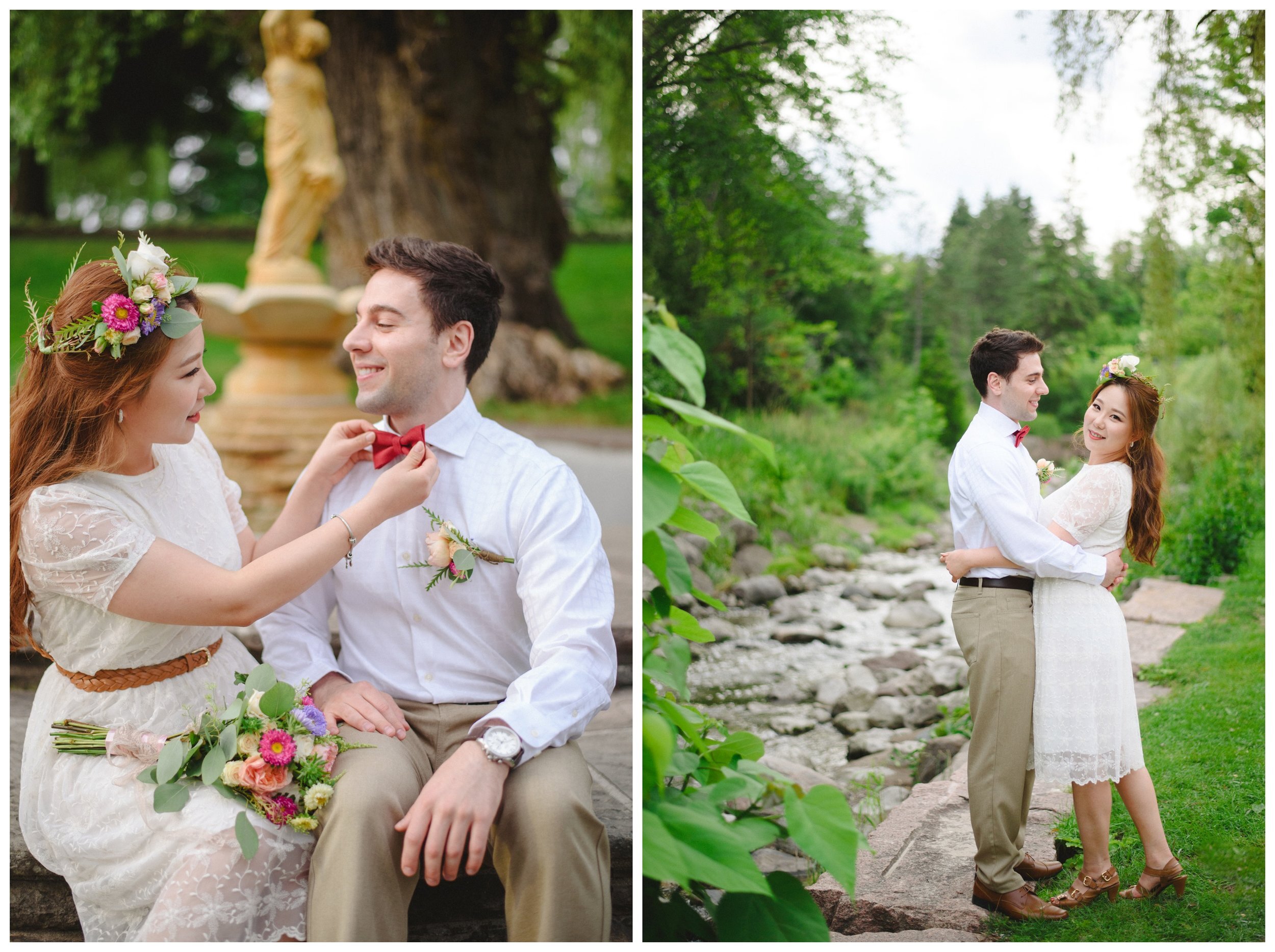 Colourful couple fixing bowtie at Edward Garden engagement session 