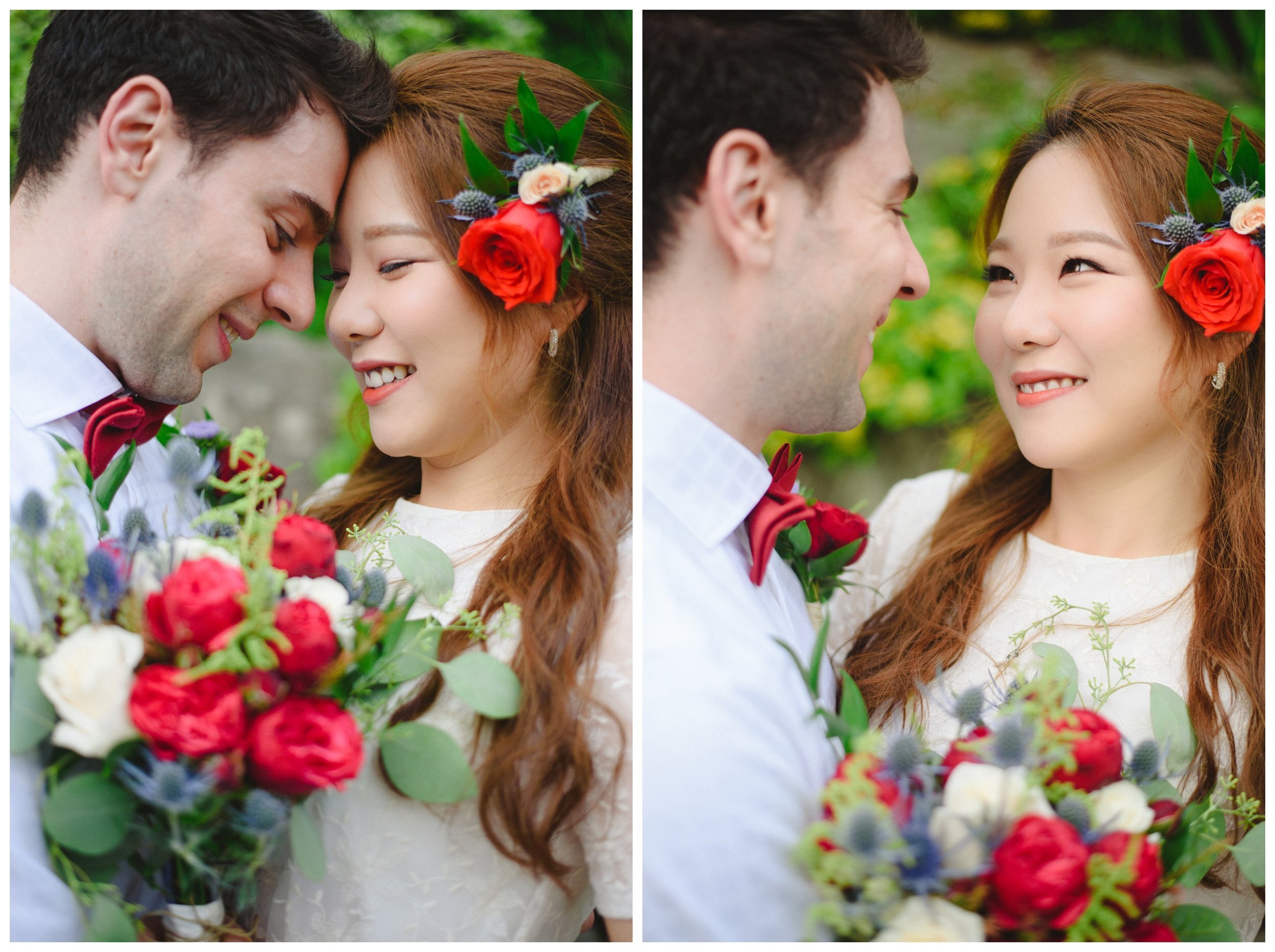 Couple with bright red flowers Edward Garden engagement session 