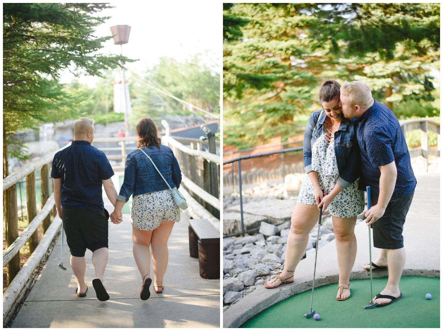 Couple walking hand in hand for mini golf engagement session at Timber Creek in Stouffville