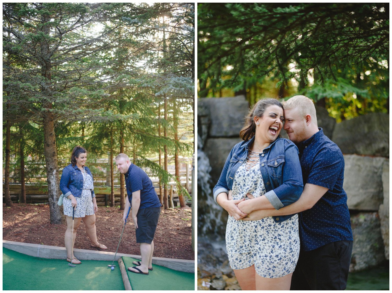 couple laughing for mini golf engagement session at Timber Creek in Stouffville