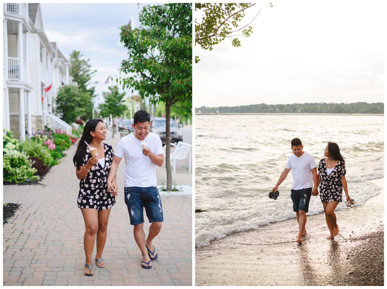 couple eating ice cream at Frenchmans bay engagement session in Pickering